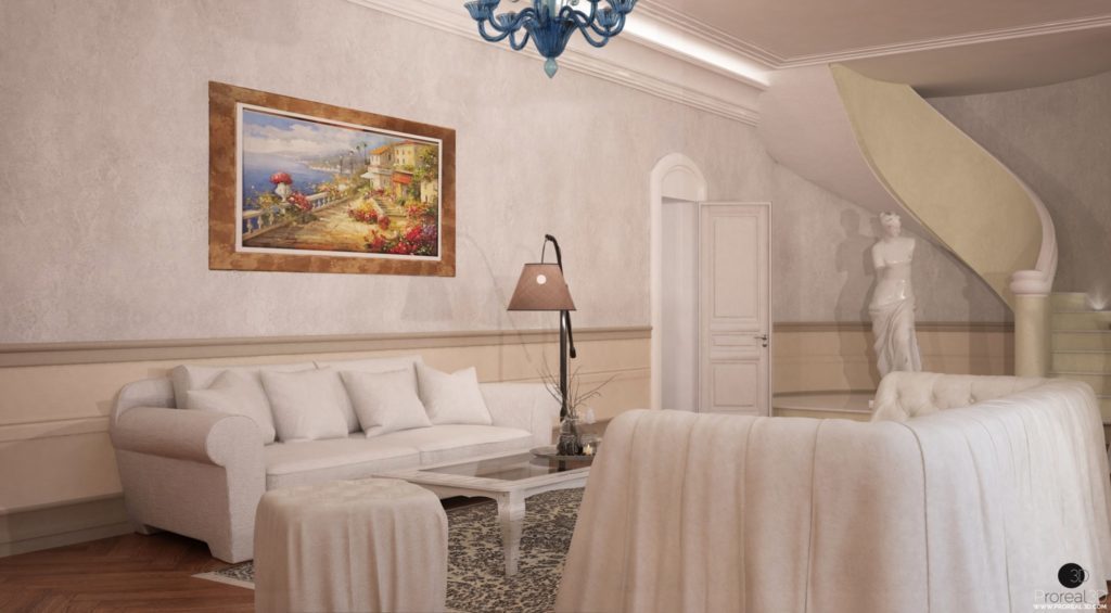 Rendering sala 3d interno villa