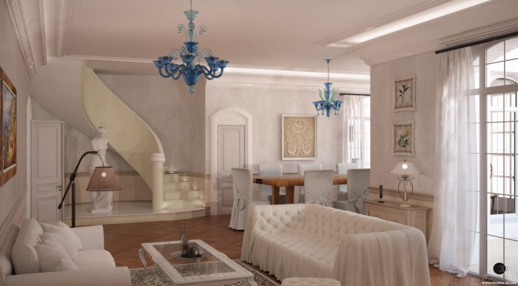 Rendering sala 3d interno villa